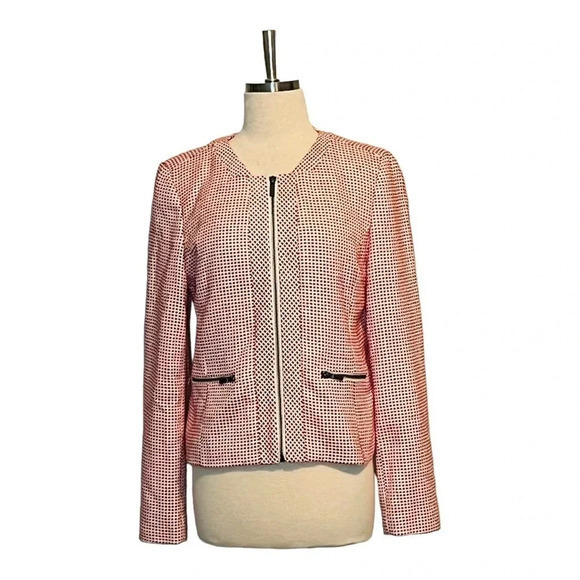 HALOGEN PINK WHITE CHECKED CROPPED ZIP UP BLAZER LINED POCKETS WOMEN SIZE MEDIUM - Picture 2 of 11